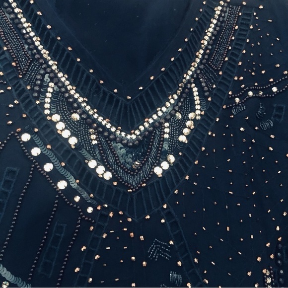 French Connection Beaded Shift Dress Sheer Back Navy Blue Size 8 Party E… - Picture 2 of 11